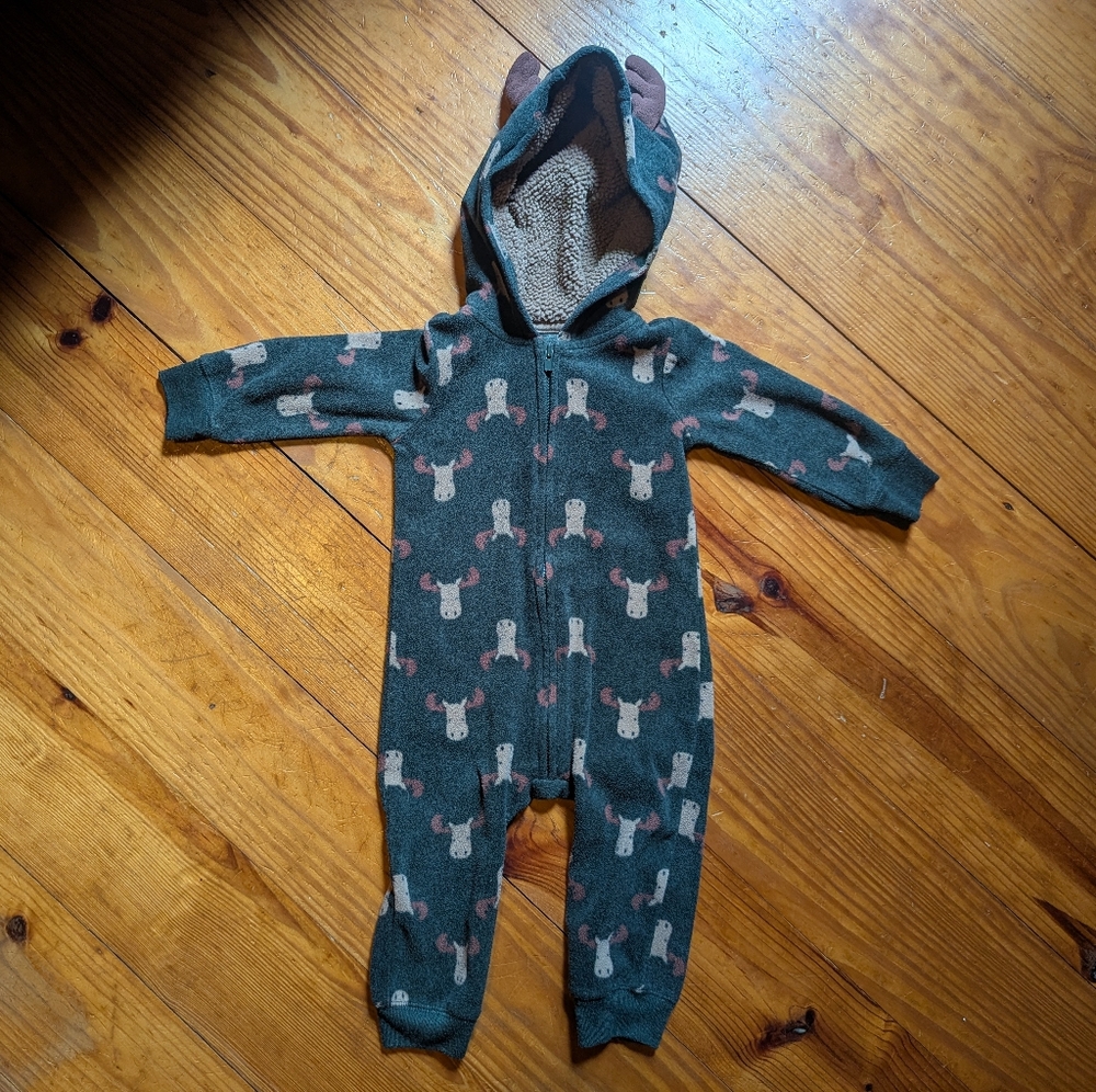 Cozy Green Moose 12 Month One Piece Hooded Romper Jumpsuit